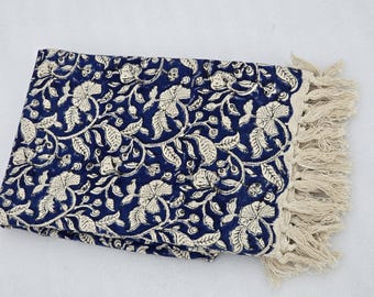 Blue Hand Block Print Throw Cotton Blanket Sofa Room Décor Tassels Hand Loomed Lightweight Decorative throw, Housewarming Gift Of Blanket