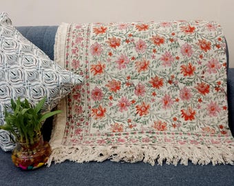 Premium Sofa Handmade Throw Hand block Print Throw Soft Boho Cotton Blanket Sofa Room Décor Tassels Hand Loomed Lightweight Decorative throw