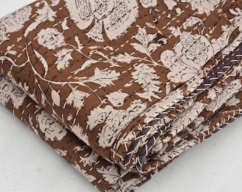 Brown Quilt Brown Floral Kantha Quilt: Hand-Stitched Cotton Bedspread Throw Blanket