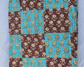 Turquoise Brown Floral Patchwork Kantha Quilt, Handmade Cotton Bedspread, Boho Throw Blanket