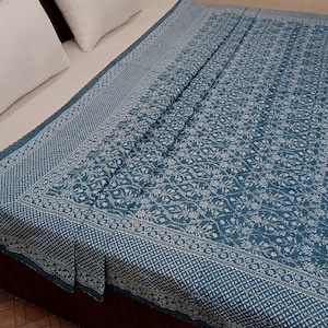 Blue Kantha Bedcover Bedding Quilt Hand Block Floral Design Handblock Floral Print Kantha Throw Quilt Light Weight Block print quilt