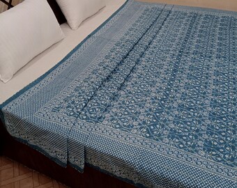 Blue Kantha Bedcover Bedding Quilt Hand Block Floral Design Handblock Floral Print Kantha Throw Quilt Light Weight Block print quilt