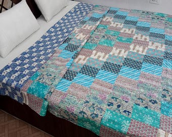 Reversible Patchwork Floral Reversible Kantha Bedding Floral Print Kantha Throw Queen Quilt Cotton Light Weight Winter Summer bedding