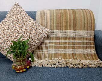 Premium Indian Wool Throw Blanket - Handwoven Brown Decorative Sofa Throw, Cottage Living Room Décor, Boho Winter Quilts, Housewarming Gifts