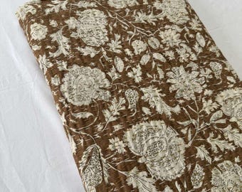 Brown Floral Kantha Quilt Block Print Kantha Quilt Lightweight Cotton Bedcover