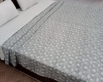 Floral Kantha Quilt Handmade Kantha Bedcover, Hand Block Floral Print Quilt Lightweight Kantha Throw, Pure Cotton Bedcover