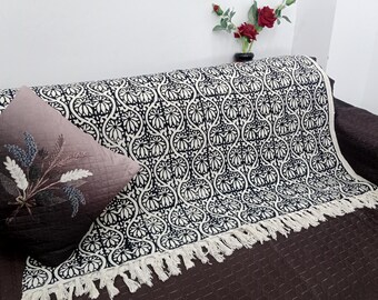 Premium Handmade Sofa Throw, Hand block Print Soft Cotton Blanket Room Décor Tassels Hand Loomed Lightweight Decorative Boho Bedding throw