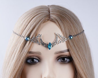 Silver Gothic Moon Forehead Jewelry, Head Chain for Women Boho Bridal Jewelry, Goddess Fantasy Elf Elven Gift Handmade Goth Wedding Jewelry