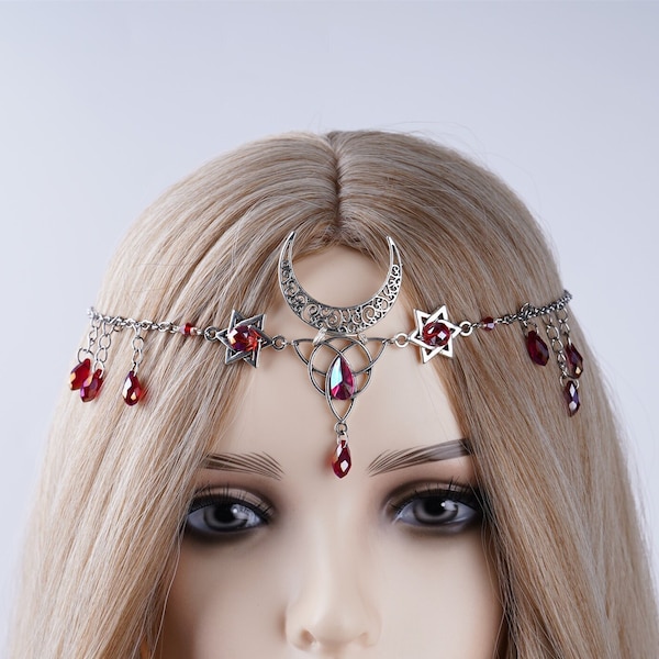 Silver Moon Forehead Jewelry Red Crystal Head Chain for Woman Boho Bridal Jewelry Gothic Goddess Headpiece Elven Accessories Gift for Her