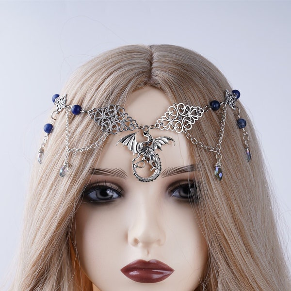 Silver Gothic Gragon Witch Crystal Tiara for Women, Pagan Silver Chain Hair Accessory, Elven Wedding Tiara Bride Headpiece, Silver Headband