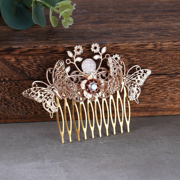 Peigne à cheveux en cristal de fée papillon d’or pour les femmes, morceau de cheveux pour les bijoux de cheveux de mariée de mariage, accessoires de paillettes de peigne de mariage vintage