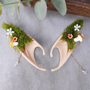 Mushroom Elf Ears Cuff with Chain for Masquerade Fairy Earrings Woodland Grass Flower Elvish Ear Soft Long Ear Cuff Elven Costume Dainty Ear