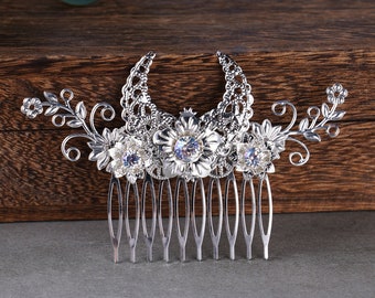 Silver Moon Fairy Crystal Hair Comb For Women, Hair Piece for Bride Wedding Bridal Hair Jewelry, Vintage Wedding Comb Glitter Accessories
