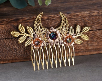 Gold Moon Fairy Crystal Hair Comb For Women, Hair Piece for Bride Wedding Bridal Hair Jewelry, Vintage Wedding Comb Leaf Glitter Accessories