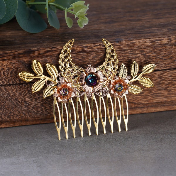 Gold Moon Fairy Crystal Hair Comb For Women, Hair Piece for Bride Wedding Bridal Hair Jewelry, Vintage Wedding Comb Leaf Glitter Accessories