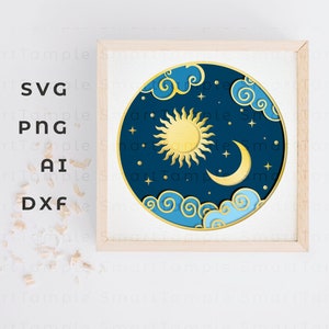Caixa de sombra do sol e da lua, caixa de sombra celestial svg, arquivos de corte a laser do sol e da lua, svg de sol e lua em camadas, 3D sol e lua svg, arquivo cricut