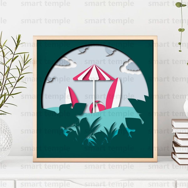 Beach umbrella shadow box svg, summer shadow box, ocean beach svg, 3d layered beach svg, ocean shadow box, vacation shadowbox
