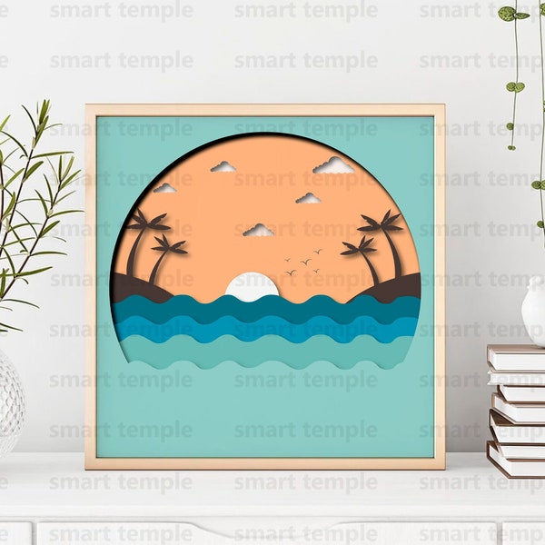 Sunset shadow box, 3d sunset svg, sunset multilayer, sunrise cut files, sunrise shadow box svg, palm shadow box svg, beach shadow box svg