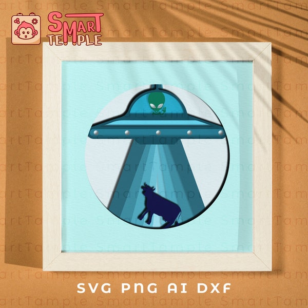 Cow abduction shadow box svg, UFO 3D layer svg, UFO layered, UFO paper cut, ufo shadow box svg, ufo cardstock, ufo laser cut, Alien ship svg