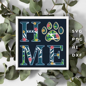 Huisdier huis schaduw vak, hond poot schaduw vak, hondenliefhebber schaduw vak, huisdier minnaar schaduw vak, 3D huis SVG, gelaagde huis, papier gesneden huis