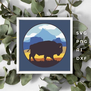 Bison 3D layer, Bison layered, buffalo svg, Bison svg, 3d papercraft svg, layered mountain svg, Bison dxf, Forest svg, Bison vector