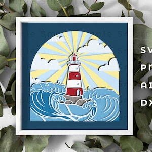 Ocean Waves Shadow Box SVG, Lighthouse Wave SVG, Lighthouse Paper Cut, Lighthouse Layered SVG, Beach Laser Cut File, Beach Shadow Box Svg