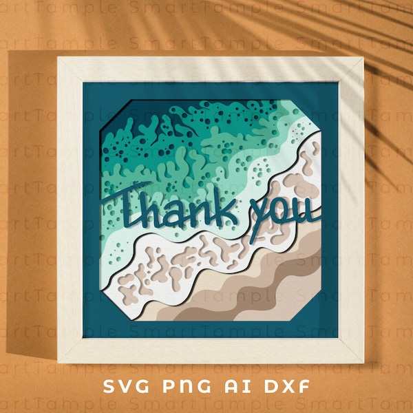 Thank you shadow box, 3d wave art, 3d wave panel, layered beach shadow box svg, 3d summer crafts, summer paper cut, summer laser cut