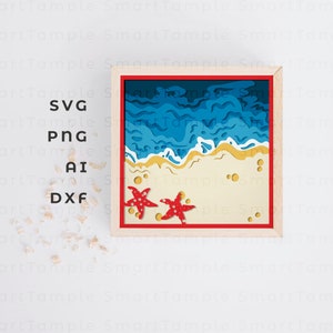 Corte de papel de praia, caixa de sombra de praia svg, camada 3d onda do mar svg, caixa de sombra de praia 3d, cricut de praia, papel de praia svg artesanal, arquivo de corte a laser de praia