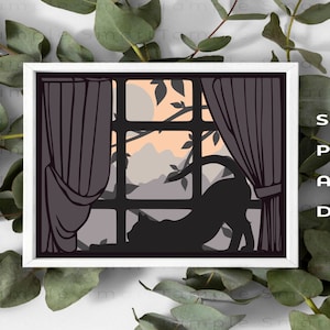 Gato en la ventana en capas svg, capa Cat 3D, vector Cat, Cat dxf, archivos de corte Cat, enrutador cnc Cat, corte láser Cat, archivos cnc Cat