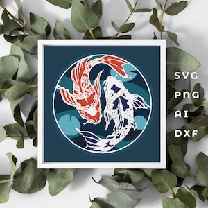 Koi fish layered, 3D Koi Fish svg, ying yang svg, yin yang svg, koi fish stencil, fishing shadowbox, Multilayer Fish, fish home decor