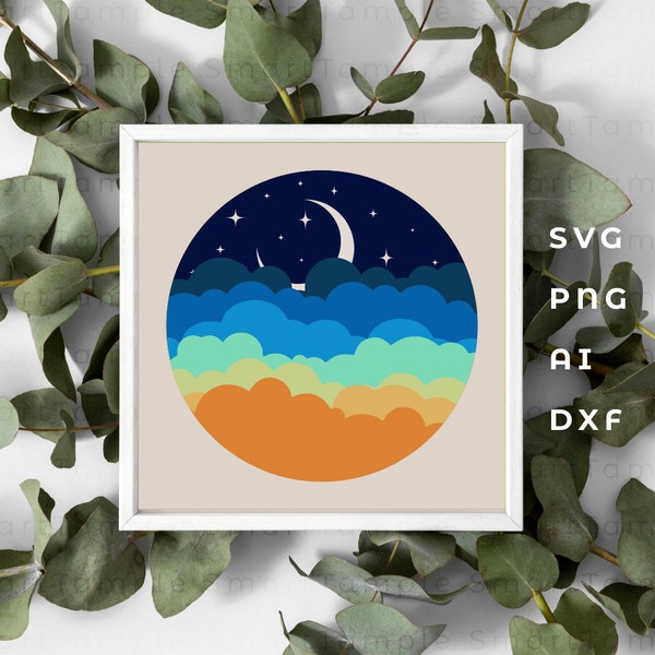 Cloudy night sky layered svg, 3d Cloudy Night Sky Shadow Box, Night Sky multilayer, Night Sky dxf, Night Sky vector, Night Sky cricut