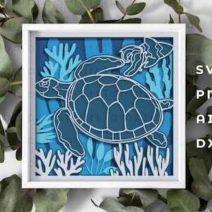 Schildkröte Schatten Box, Schildkröte Scherenschnitt, Schildkröte 3D überlagert svg, Meer Schatten Box svg, 3D Sommer svg, Strand Schatten Box svg, Unterwasser Schatten Box