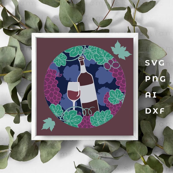 Wine shadow box svg, Wine 3D layer svg, Wine layered, Wine paper cut, Wine stencil, Wine paper craft, Wine light box svg, Wine dxf