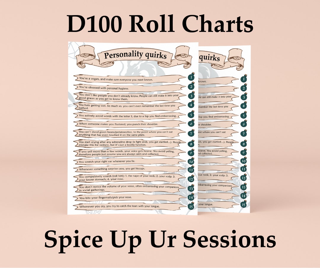 D100 roll chart d100 table d100 list d100 dnd dnd etsy