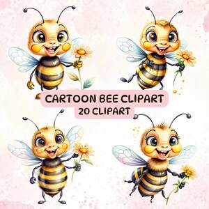 20 Cartoon Biene Clipart, kommerzielle Nutzung, Ostern Ephemera, Ostern Junk Journal, transparente PNGs, Aquarell Vektor mit Blume