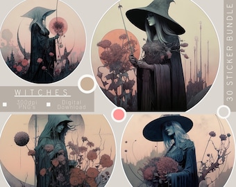 Naklejka Witch 30 PNG Bundle w odcieniach akwareli - Wysoka rozdzielczość 300 dpi, natychmiastowe pobranie. Użytek komercyjny.