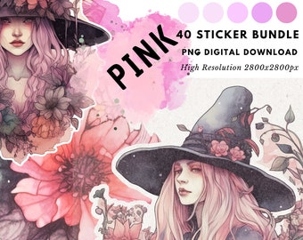 Pakiet naklejek Witch 40 przezroczystych plików PNG w odcieniach różu akwarelowego. Wysoka rozdzielczość, natychmiastowe pobranie. Wykorzystanie komercyjne. Naklejka.