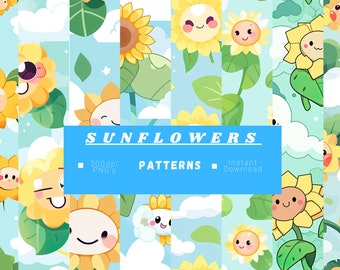 Kawaii Cute Sunflower 16 Pattern Bundle - Wysokiej jakości 300 dpi PNG do pobrania cyfrowego