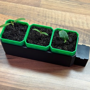 Puede incluir: Una jardinera negra con tres macetas cuadradas verdes, cada una llena de tierra oscura y pequeñas plántulas. La jardinera tiene forma rectangular con un pequeño compartimento separado en el lado derecho.