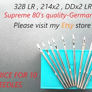 Op de afbeelding: Een verpakking met 10 zilveren naalden voor naaien op een blauwe achtergrond. De naalden zijn gelabeld met "328 LR, 214x2, DDx2 LR Supreme 80's quality-Germany. Please visit my Etsy store."