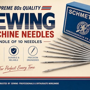 May include: A blue box of SCHMETZ sewing machine needles with the text "SEWING MACHINE NEEDLES" and "BUNDLE OF 10 NEEDLES". The image also includes the text "SUPREME 80s QUALITY", and "For Perfect Every Time". A bundle of needles is fanned out in front of the box.