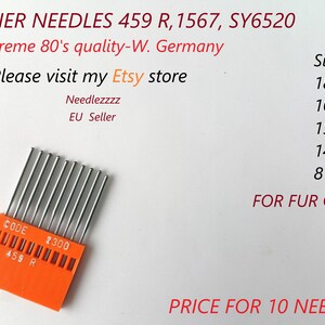 May include: Orange furrier needles with the text "FURRIER NEEDLES 459 R, 1567, SY6520" and "Supreme 80's quality-W. Germany". The image also includes the text "Please visit my Etsy store" and needle sizes.
