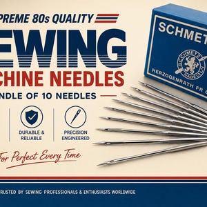 May include: A blue box of SCHMETZ sewing machine needles with the text "SEWING MACHINE NEEDLES" and "BUNDLE OF 10 NEEDLES". The needles are silver and arranged in a fan shape. The box has the text "HERZOGENRATH FR GERMANY".