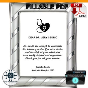 Plaque Fillable pdf, personalized plaque, doctor thank you plaque, doctor appreciation printable, fillable pdf or name can be added.