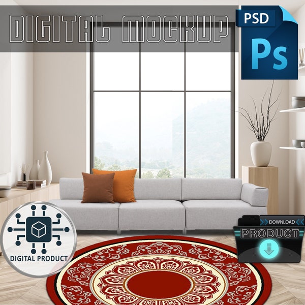 Round Carpet Mockup, Smart Object Mockup, Rug Carpet Mockup, Cream Shades Living Room Carpet Mockup, PSD Living Room Car Mockup