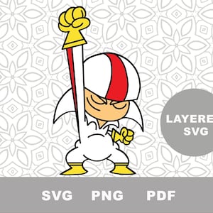 May include: A cartoon illustration of a character in a white outfit with a red stripe on the helmet, holding a yellow and red sword. The character is in a fighting stance. The background is a white floral pattern.