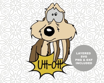 May include: A cartoon coyote with a worried expression and large teeth says "Uh-oh" in a yellow speech bubble. The background is a white and grey pattern.