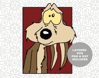 May include: A cartoon coyote with a worried expression, large eyes, and prominent teeth. The coyote is brown and has a red background. The text "LAYERED SVG PNG & DXF INCLUDED" is in a grey circle.