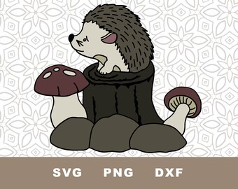 Könnte beinhalten: Ein brauner und weißer Igel sitzt auf einem Baumstumpf mit einem roten und weißen Pilz links und einem roten und weißen Pilz rechts.