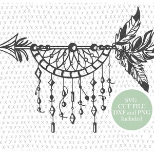 May include: Black and white line art design of a dreamcatcher with feathers and an arrow. The design is perfect for crafting projects, such as cutting vinyl, paper, or fabric.